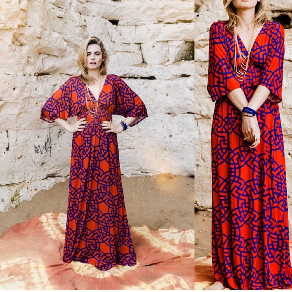 Fresha London Geometric Red and Blue kimono sleeve Maxi Dress size S